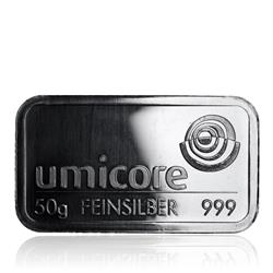 Stříbrný slitek 50g Heraeus / Umicore / Argor-Heraeus - Líc