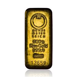Zlatý slitek 500 g Heraeus/ Valcambi/ Argor-Heraeus (LBMA) - Líc slitku