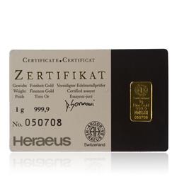 Zlatý slitek 1g Kinebar - Líc slitku v kartě