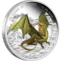 Stříbrná mince-DRAGONS OF LEGEND - EUROPEAN GREEN DRAGON 2013 1OZ PROOF - Líc