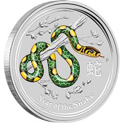 Stříbrná mince Lunární Série II - Rok Hada 2013 - 1 OZ (Austrálie) kolorovaná edice - Líc 