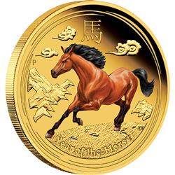 Zlatá mince Lunární série II 2014 Rok koně 1/10 oz kolorovaná - Líc