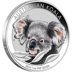Stříbrná mince -AUSTRALIAN KOALA kolorovaná 2014 1 OZ - Líc