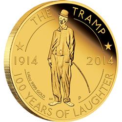 Zlatá mince - Charlie Chaplin - 100 let smíchu 2014 1/4oz Proof - Líc