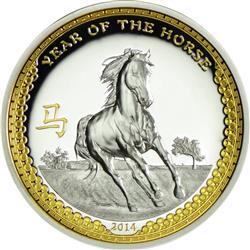 Stříbrná mince pozlacený"Year of the Horse" Rok Koně 2014 - Líc