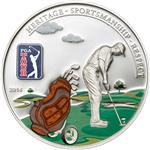 Unikátní stříbrná 3D golfová mince PGA TOUR GOLF BAG official license 2014 5$ COOK ISLANDS  - Líc