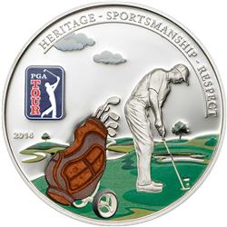 Unikátní stříbrná 3D golfová mince PGA TOUR GOLF BAG official license 2014 5$ COOK ISLANDS  - Líc