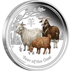 Stříbrná kolorovaná mince Lunární Série II - Rok Kozy 2015 - 1/2 Oz Proof - Líc