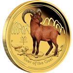 Zlatá kolorovaná mince Lunární Série II - Rok Kozy 2015 - 1/10 Oz Proof - Líc