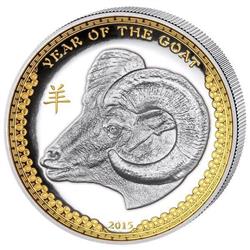 Stříbrná mince pozlacený "Year of the Goat" Rok Kozy 1 oz 2015 Proof High Relief - Líc