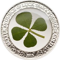 Stříbrná mince čtyřlístek pro štěstí 2015 Four leaf clover ounce of luck 1 oz Palau Proof - Líc