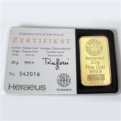 Zlatý slitek 20g Kinebar - Líc