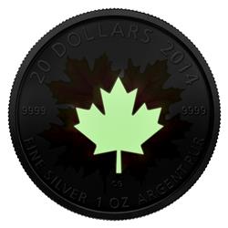 Unikátní stříbrná mince Javorový list zářící ve tmě  MAPLE LEAF GLOW IN THE DARK 20 $ Kanada 2014  - Líc ve tmě