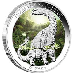  Stříbrná kolorovaná mince - Australian Age of Dinosaurs – Diamantinasaurus 2015 1oz Silver Proof ( věk dinosaurů) - Líc