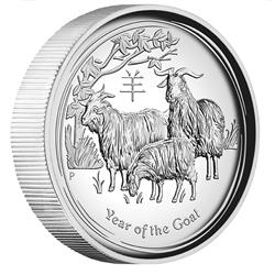Stříbrná mince Lunární Série II - Rok Kozy 2015 - 1 oz Proof High Relief  - LÍC