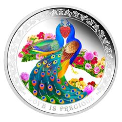 Stříbrná mince, Láska je vzácná, pávi  - Love is precious, peafowls -  2015 1 oz Proof - Líc