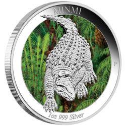 Stříbrná kolorovaná mince - Australian Age of Dinosaurus - Minmi 2015 1oz  Proof ( věk dinosaurů ) - Líc