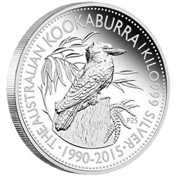 Stříbrná mince  25 výročí Australský ledňáček (25th Anniversary Australian Kookaburra)  2015 1 kg  Proof  - Líc