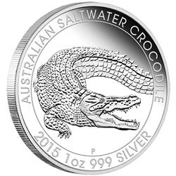 Stříbrná mince Australský Krokodýl mořský, Australian Saltwater Crocodile 2015 1oz Proof  - Líc