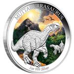 Stříbrná kolorovaná mince - Australian Age of Dinosaurus - Muttaburrasaurus 2015 1oz  Proof (věk dinosaurů) - Líc