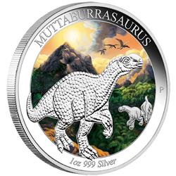 Stříbrná kolorovaná mince - Australian Age of Dinosaurus - Muttaburrasaurus 2015 1oz  Proof (věk dinosaurů) - Líc
