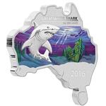 Stříbrná mince Great white shark, Velký bílý žralok 2016 1 oz - série ve tvaru mapy Austrálie - Líc
