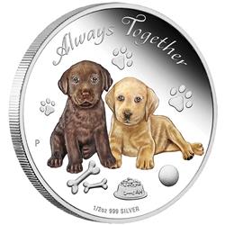 Stříbrná mince  Navždy spolu, Always together 2016  1/2 oz Proof  (motiv psa, štěňata) - Líc