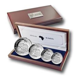 Sada stříbrných mincí African Wildlife Elefant - 2oz, 1oz, 1/2oz, 1/4oz (2011) - Líc v dřevěné etuji 